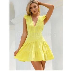 ❌SOLD❌Lemon Yellow Mini Dress Deep V-Neck Cap Ruffle Sleeve Fit & Flared
